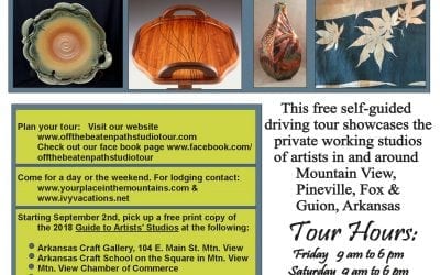 The Off the Beaten Path Studio Tour is a free self-guided driving tour of the private working studios of artists located within 30 miles of the courthouse square in Mountain View. The tour, now in its 17th year, will take place on September 14. 15 & 16, 2018. Mark your calendars and make your reservations now! Check out www.yourplaceinthemountains.com and Ivyvacations.net.