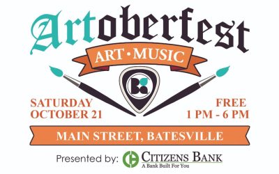 Artoberfest: October 21, 2023 The Batesville Area Arts Council is excited to host the 7th Annual Artoberfest, an arts and music festival on Main Street, Saturday, October 21, 1 p.m. – 6 p.m.
